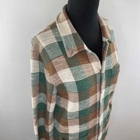 Knit for J.Crew Brown Green Wool Plaid Button-Up Sweater Shaket Collar BC594 XS - Picture 3 of 7